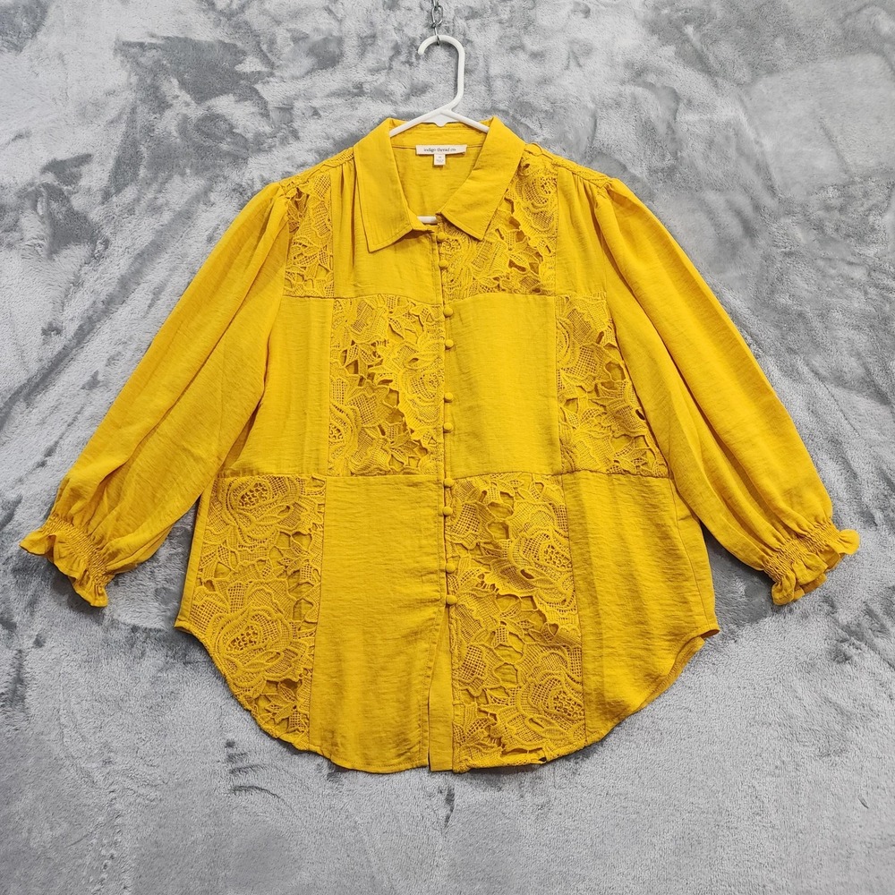 Indigo Thread Co. Top Womens‎ M Yellow Lace Button Front Balloon Sleeve Boho